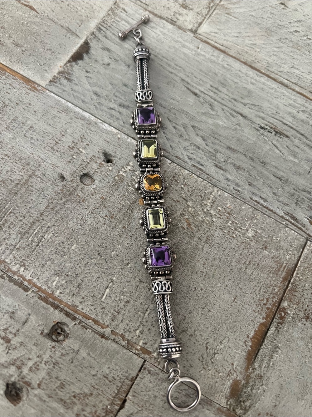 Rare Suarti Bali 925 Silver Multi-Stone Toggle Bracelet